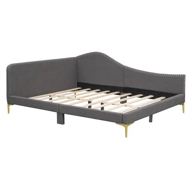 Alt view image 7 of 7 - Full Size Upholstered Daybed With Headboard And Armrest, Support Legs, Grey