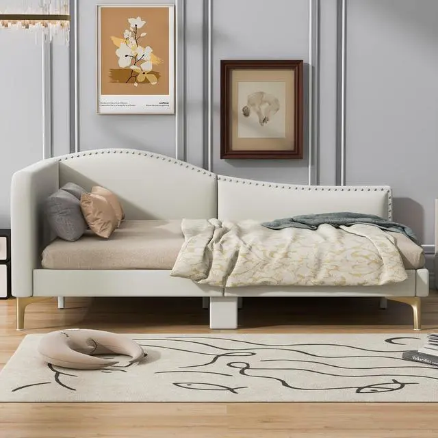 Alt view image 5 of 7 - Full Size Upholstered Daybed With Headboard And Armrest, Support Legs, Beige