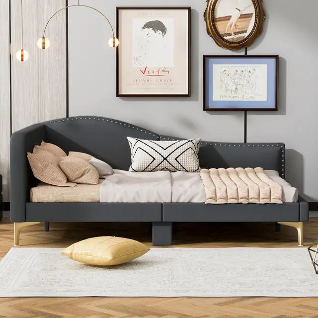 Alt view image 5 of 7 - Full Size Upholstered Daybed With Headboard And Armrest, Support Legs, Grey
