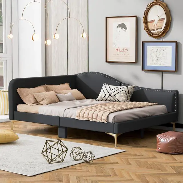 Alt view image 4 of 7 - Full Size Upholstered Daybed With Headboard And Armrest, Support Legs, Grey