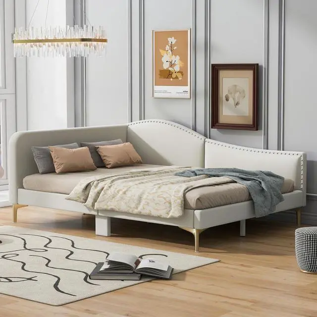 Alt view image 4 of 7 - Full Size Upholstered Daybed With Headboard And Armrest, Support Legs, Beige