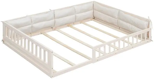 Main image of Wood Full Size Upholstered Platform Bed With Guardrail And Pillow, Beige