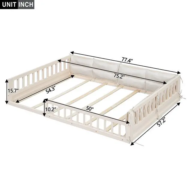 Alt view image 3 of 7 - Wood Full Size Upholstered Platform Bed With Guardrail And Pillow, Beige
