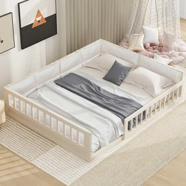 Alt view image 2 of 7 - Wood Full Size Upholstered Platform Bed With Guardrail And Pillow, Beige