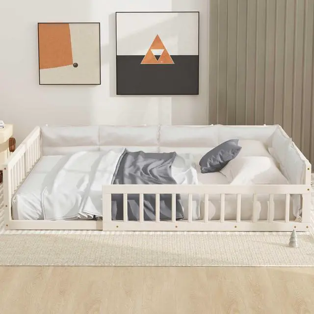 Alt view image 4 of 7 - Wood Full Size Upholstered Platform Bed With Guardrail And Pillow, Beige