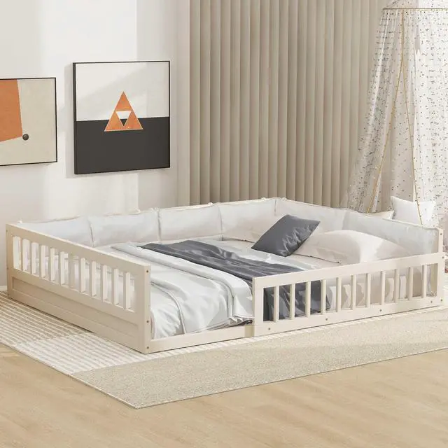 Alt view image 5 of 7 - Wood Full Size Upholstered Platform Bed With Guardrail And Pillow, Beige