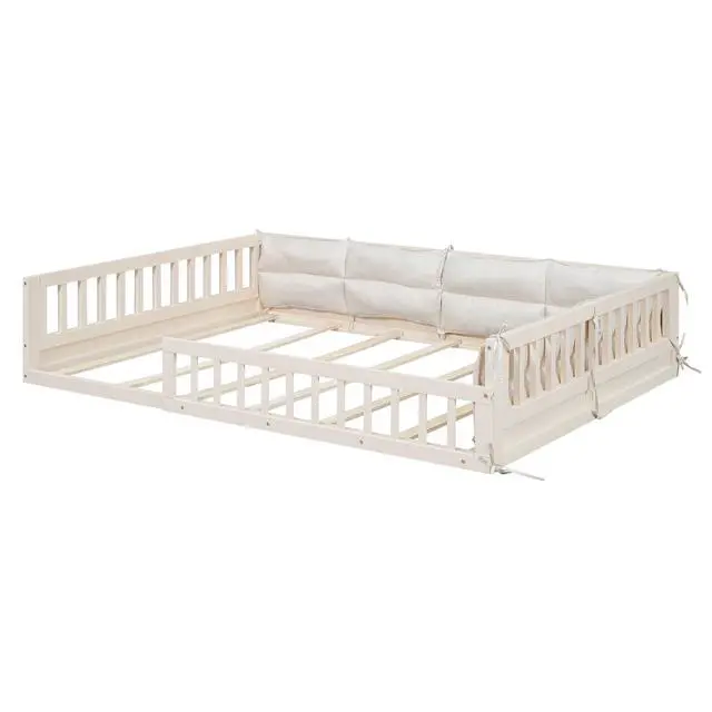 Alt view image 6 of 7 - Wood Full Size Upholstered Platform Bed With Guardrail And Pillow, Beige