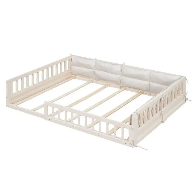 Alt view image 7 of 7 - Wood Full Size Upholstered Platform Bed With Guardrail And Pillow, Beige
