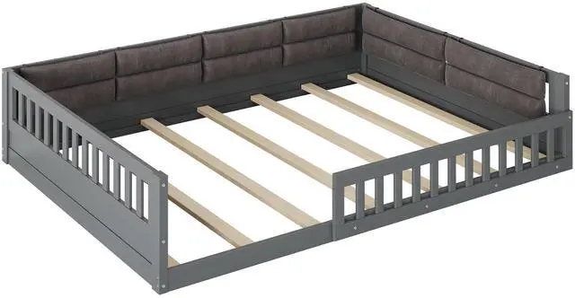 Main image of Wood Full Size Upholstered Platform Bed With Guardrail And Pillow, Gray