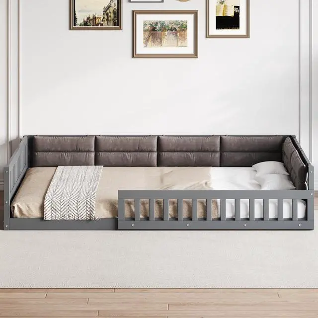 Alt view image 2 of 7 - Wood Full Size Upholstered Platform Bed With Guardrail And Pillow, Gray