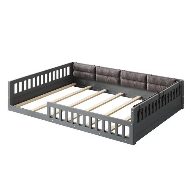 Alt view image 6 of 7 - Wood Full Size Upholstered Platform Bed With Guardrail And Pillow, Gray