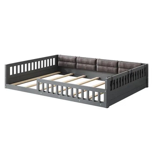 Alt view image 7 of 7 - Wood Full Size Upholstered Platform Bed With Guardrail And Pillow, Gray