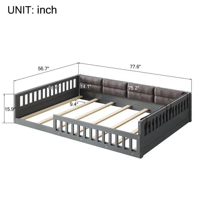 Alt view image 3 of 7 - Wood Full Size Upholstered Platform Bed With Guardrail And Pillow, Gray