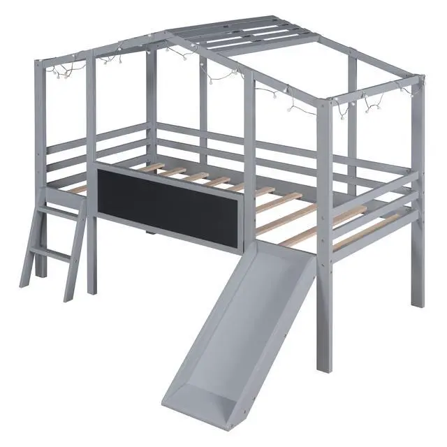 Alt view image 5 of 7 - Twin Size Loft Bed With Ladder And Slide, House Bed With Blackboard And Light Strip On The Roof, Gray