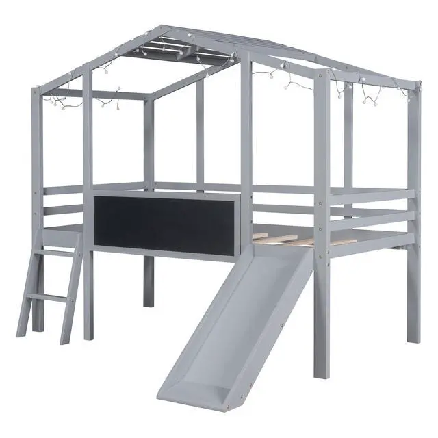 Alt view image 4 of 7 - Twin Size Loft Bed With Ladder And Slide, House Bed With Blackboard And Light Strip On The Roof, Gray