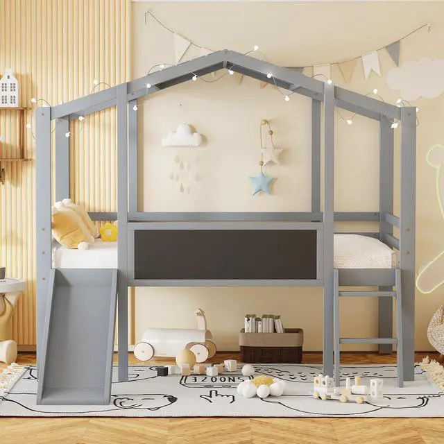 Alt view image 2 of 7 - Twin Size Loft Bed With Ladder And Slide, House Bed With Blackboard And Light Strip On The Roof, Gray