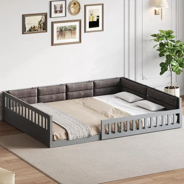 Alt view image 5 of 7 - Wood Full Size Upholstered Platform Bed With Guardrail And Pillow, Gray