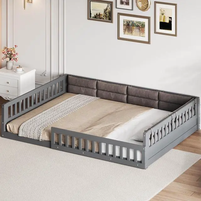 Alt view image 4 of 7 - Wood Full Size Upholstered Platform Bed With Guardrail And Pillow, Gray