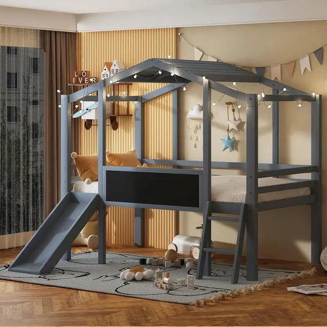 Alt view image 3 of 7 - Twin Size Loft Bed With Ladder And Slide, House Bed With Blackboard And Light Strip On The Roof, Gray