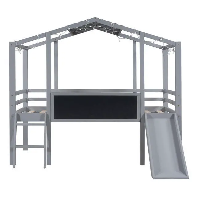 Alt view image 6 of 7 - Twin Size Loft Bed With Ladder And Slide, House Bed With Blackboard And Light Strip On The Roof, Gray