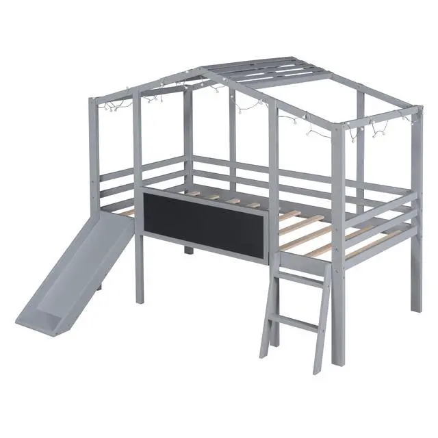 Alt view image 7 of 7 - Twin Size Loft Bed With Ladder And Slide, House Bed With Blackboard And Light Strip On The Roof, Gray