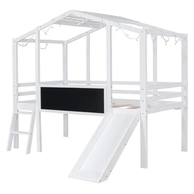 Alt view image 4 of 7 - Twin Size Loft Bed With Ladder And Slide, House Bed With Blackboard And Light Strip On The Roof, White