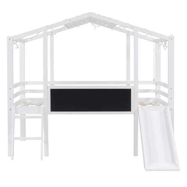 Alt view image 5 of 7 - Twin Size Loft Bed With Ladder And Slide, House Bed With Blackboard And Light Strip On The Roof, White