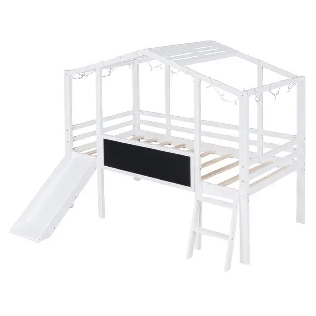 Alt view image 6 of 7 - Twin Size Loft Bed With Ladder And Slide, House Bed With Blackboard And Light Strip On The Roof, White