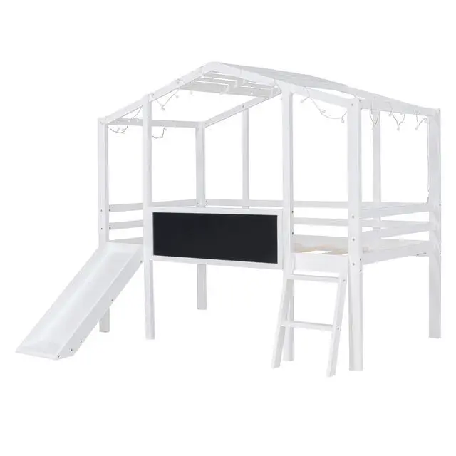 Alt view image 7 of 7 - Twin Size Loft Bed With Ladder And Slide, House Bed With Blackboard And Light Strip On The Roof, White