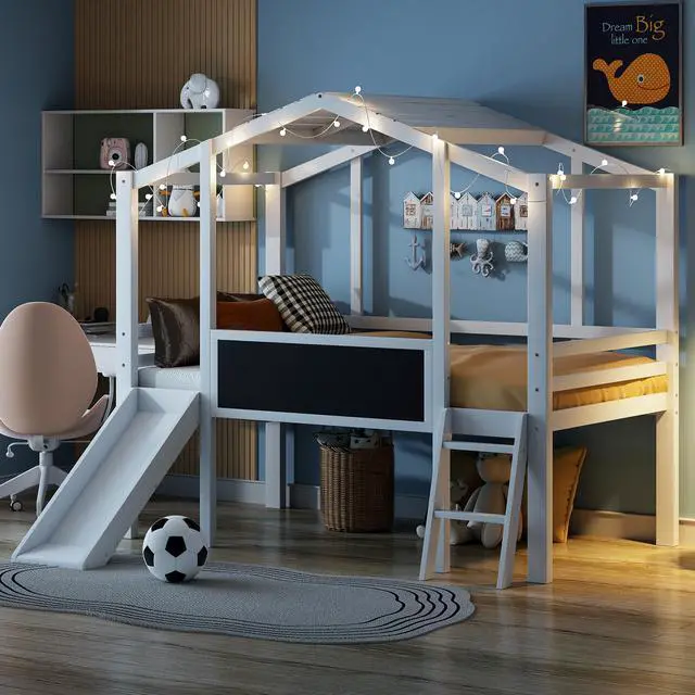 Alt view image 3 of 7 - Twin Size Loft Bed With Ladder And Slide, House Bed With Blackboard And Light Strip On The Roof, White