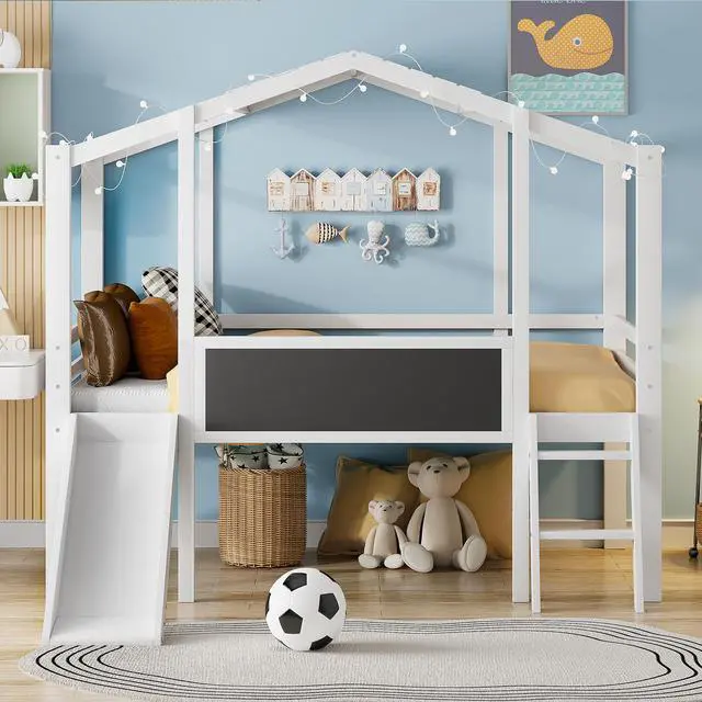 Alt view image 2 of 7 - Twin Size Loft Bed With Ladder And Slide, House Bed With Blackboard And Light Strip On The Roof, White