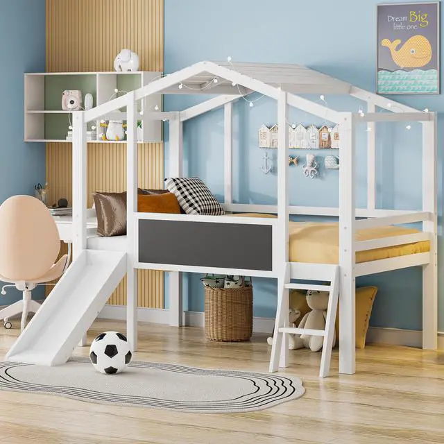Main image of Twin Size Loft Bed With Ladder And Slide, House Bed With Blackboard And Light Strip On The Roof, White
