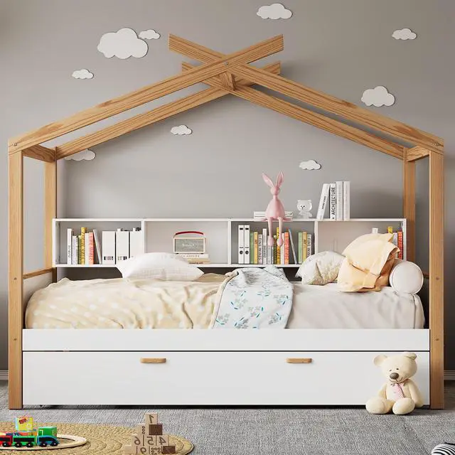 Alt view image 2 of 7 - White Full Size Wooden House Bed With Original Wood Colored Frame Twin Size Trundle And Bookshelf Storage Space For Children Or Guest Room