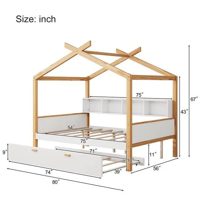 Alt view image 5 of 7 - White Full Size Wooden House Bed With Original Wood Colored Frame Twin Size Trundle And Bookshelf Storage Space For Children Or Guest Room