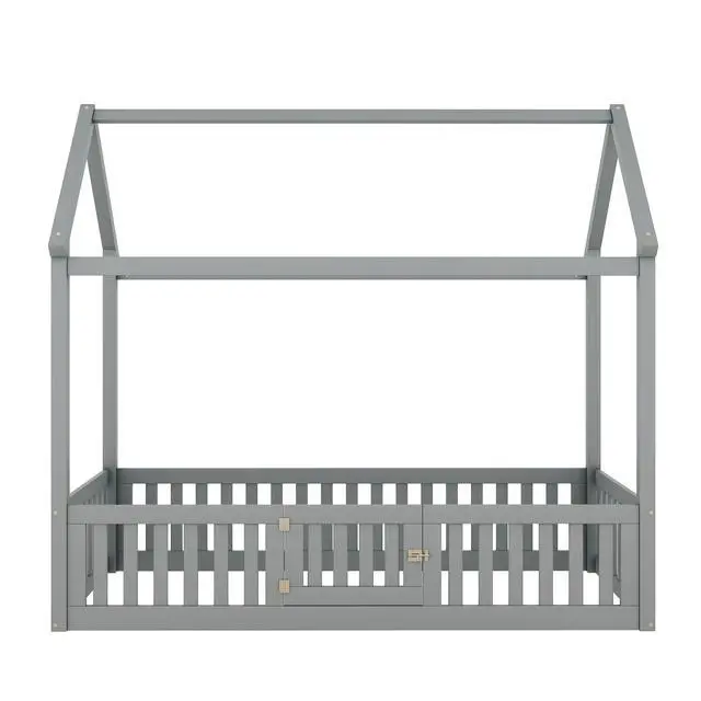 Main image of Twin Size Wood House Bed With Fence And Door, Gray(Old Sku: Wf303131Aae)