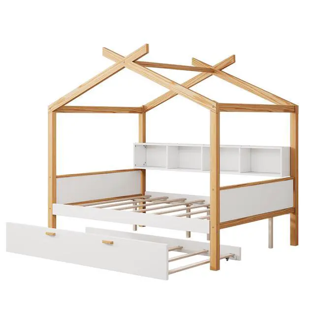 Alt view image 7 of 7 - White Full Size Wooden House Bed With Original Wood Colored Frame Twin Size Trundle And Bookshelf Storage Space For Children Or Guest Room