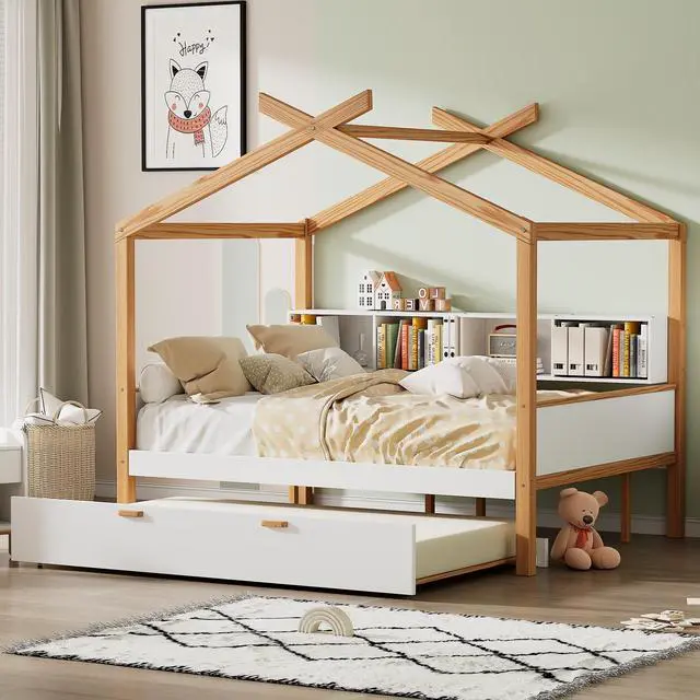 Alt view image 3 of 7 - White Full Size Wooden House Bed With Original Wood Colored Frame Twin Size Trundle And Bookshelf Storage Space For Children Or Guest Room