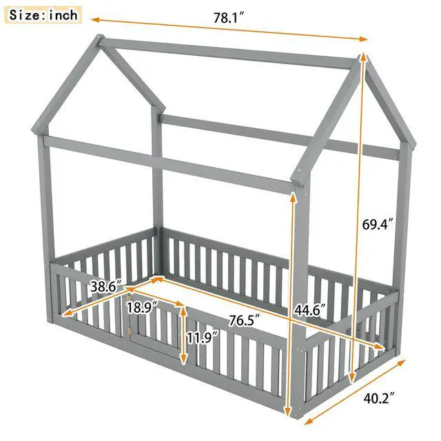Alt view image 3 of 7 - Twin Size Wood House Bed With Fence And Door, Gray(Old Sku: Wf303131Aae)