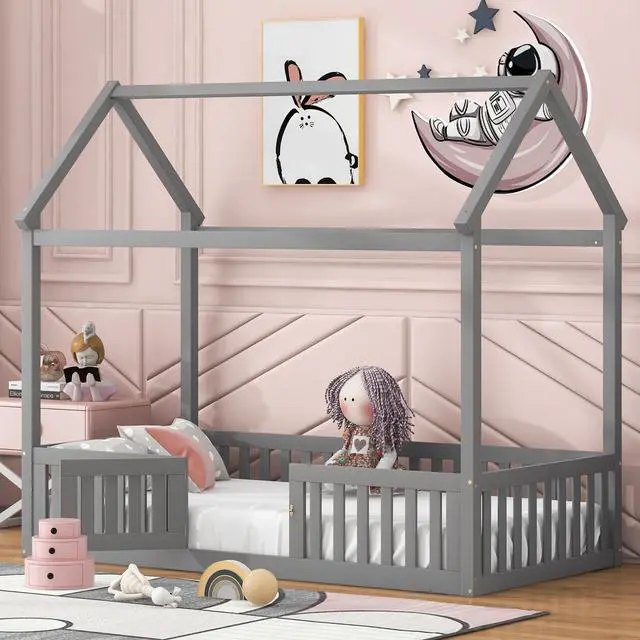 Alt view image 2 of 7 - Twin Size Wood House Bed With Fence And Door, Gray(Old Sku: Wf303131Aae)