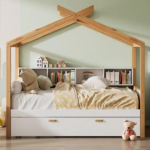 Alt view image 4 of 7 - White Full Size Wooden House Bed With Original Wood Colored Frame Twin Size Trundle And Bookshelf Storage Space For Children Or Guest Room