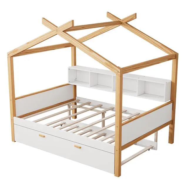 Alt view image 6 of 7 - White Full Size Wooden House Bed With Original Wood Colored Frame Twin Size Trundle And Bookshelf Storage Space For Children Or Guest Room