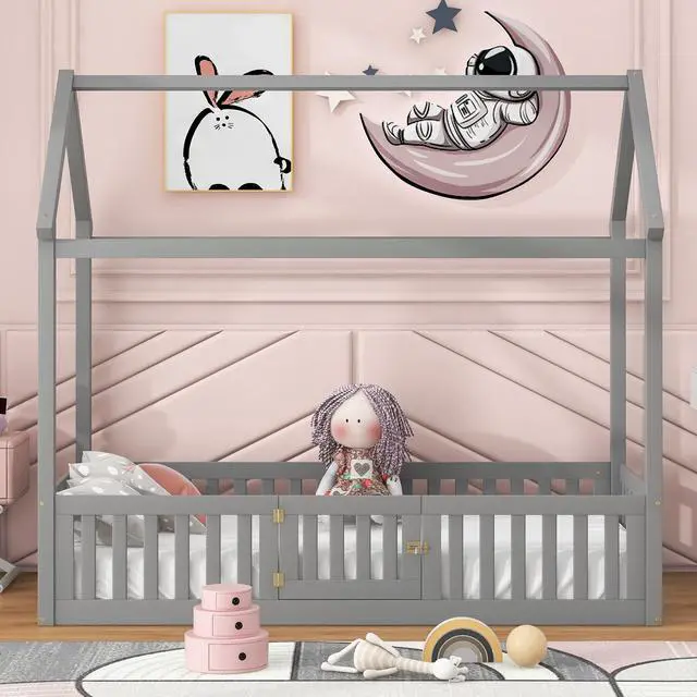 Alt view image 4 of 7 - Twin Size Wood House Bed With Fence And Door, Gray(Old Sku: Wf303131Aae)