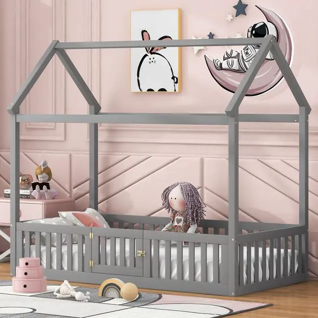 Alt view image 5 of 7 - Twin Size Wood House Bed With Fence And Door, Gray(Old Sku: Wf303131Aae)