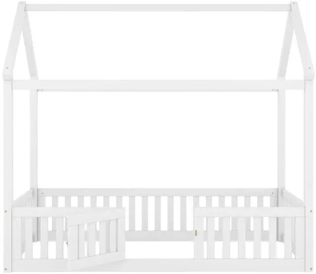 Main image of Twin Size Wood House Bed With Fence And Door, White(Old Sku: Wf303131Aak)