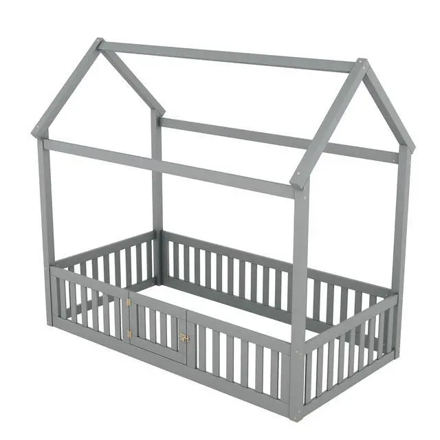 Alt view image 6 of 7 - Twin Size Wood House Bed With Fence And Door, Gray(Old Sku: Wf303131Aae)