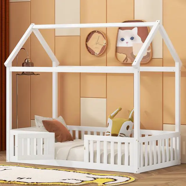 Alt view image 2 of 7 - Twin Size Wood House Bed With Fence And Door, White(Old Sku: Wf303131Aak)