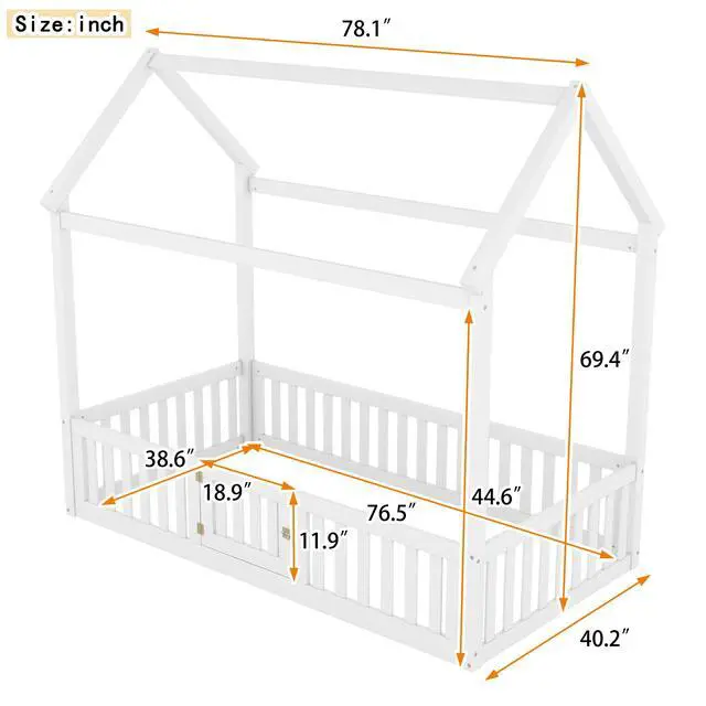 Alt view image 3 of 7 - Twin Size Wood House Bed With Fence And Door, White(Old Sku: Wf303131Aak)