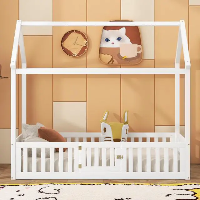 Alt view image 4 of 7 - Twin Size Wood House Bed With Fence And Door, White(Old Sku: Wf303131Aak)
