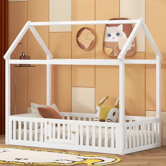 Alt view image 5 of 7 - Twin Size Wood House Bed With Fence And Door, White(Old Sku: Wf303131Aak)
