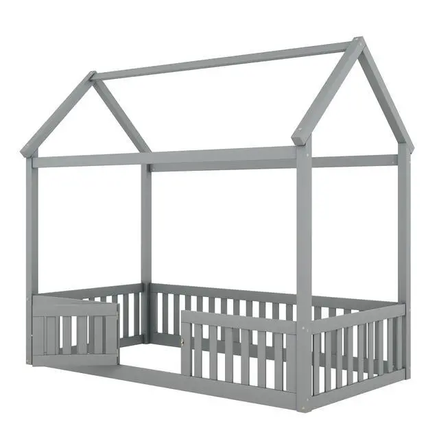 Alt view image 7 of 7 - Twin Size Wood House Bed With Fence And Door, Gray(Old Sku: Wf303131Aae)
